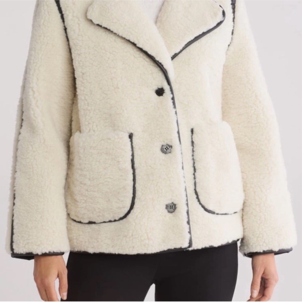 Jason Wu Sherpa button coat faux leather trim Women's Cream black Jacket large - Picture 2 of 4